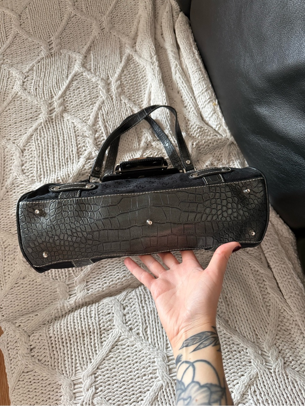 Guess Black Logo-Print Shoulder Bag with Silver Buckle - Picture 6 of 10